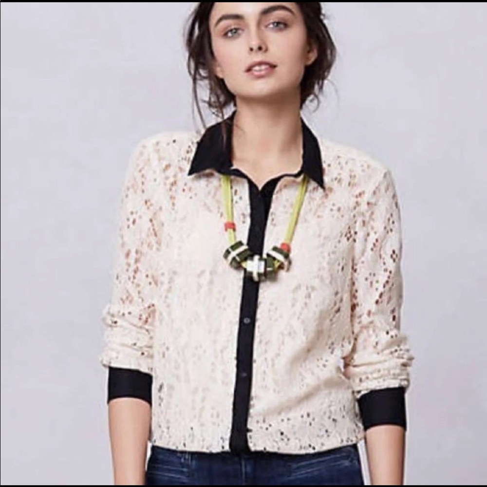 Anthropologie cream lace blouse button down top